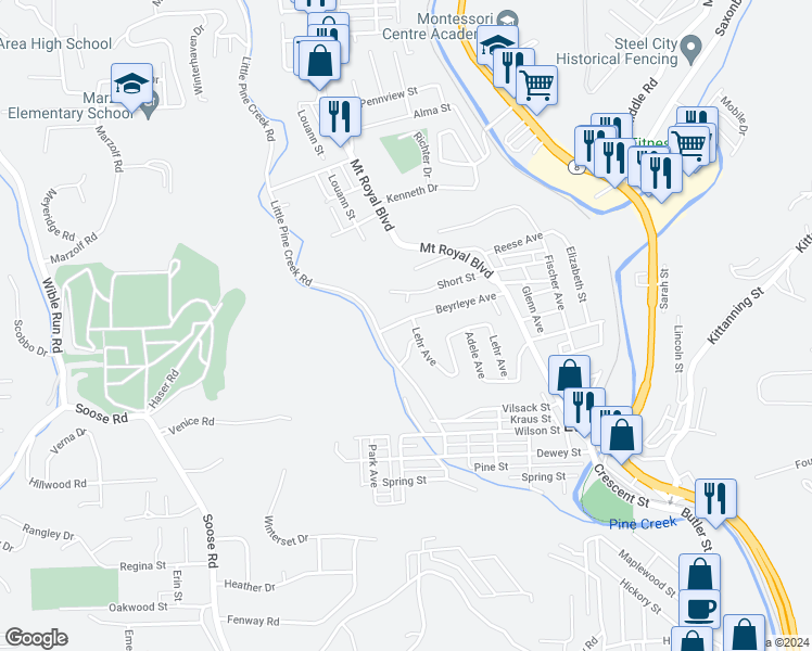 map of restaurants, bars, coffee shops, grocery stores, and more near 57 Beyrleye Avenue in Pittsburgh