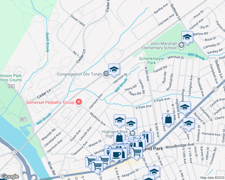 map of restaurants, bars, coffee shops, grocery stores, and more near 498 Harrison Avenue in Highland Park