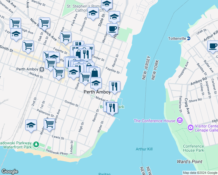 map of restaurants, bars, coffee shops, grocery stores, and more near 27 Smith Street in Perth Amboy