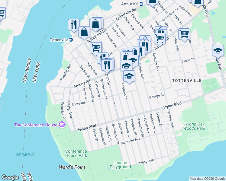 map of restaurants, bars, coffee shops, grocery stores, and more near 62 Chelsea Street in Staten Island