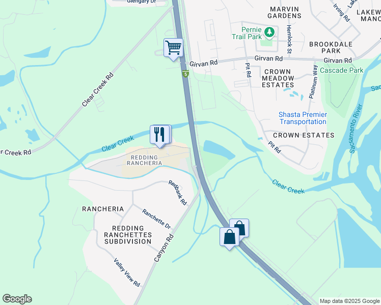 map of restaurants, bars, coffee shops, grocery stores, and more near 967 Redding Rancheria Road in Redding