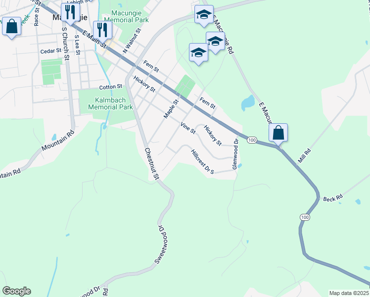 map of restaurants, bars, coffee shops, grocery stores, and more near 87 Hillcrest Drive South in Macungie
