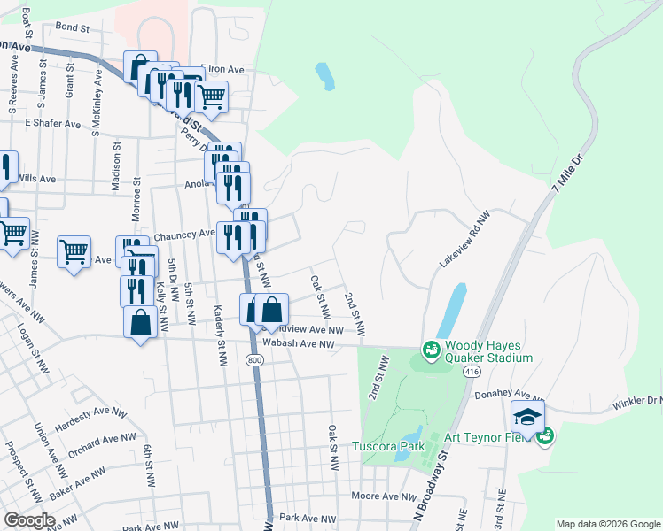 map of restaurants, bars, coffee shops, grocery stores, and more near 204 Carrie Avenue Northwest in New Philadelphia