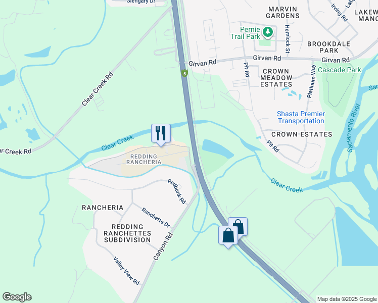 map of restaurants, bars, coffee shops, grocery stores, and more near 1090 Redding Rancheria Road in Redding