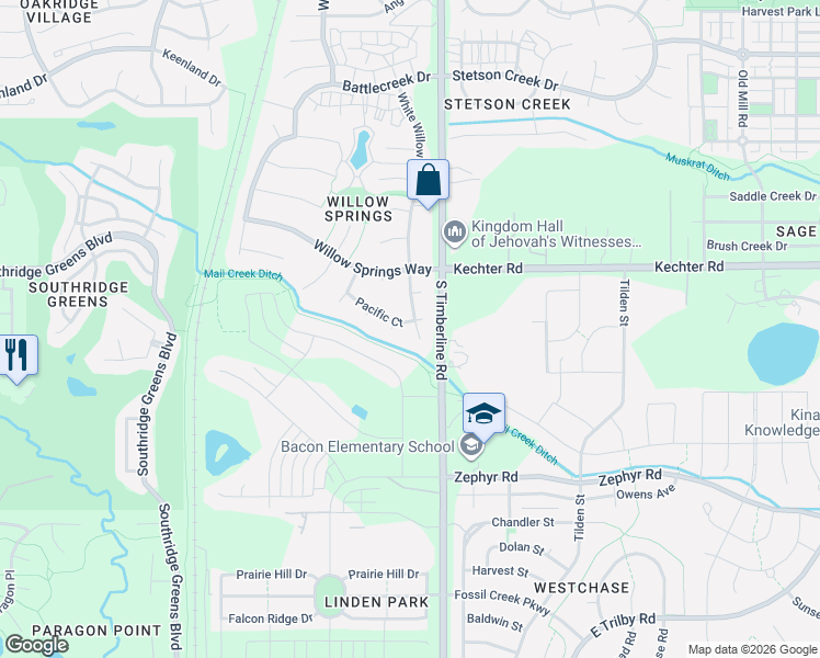 map of restaurants, bars, coffee shops, grocery stores, and more near 5707 White Willow Drive in Fort Collins