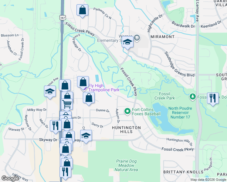 map of restaurants, bars, coffee shops, grocery stores, and more near 420 Huntington Hills Drive in Fort Collins