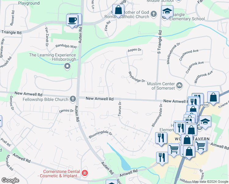 map of restaurants, bars, coffee shops, grocery stores, and more near 610B Marlboro Common in Somerset County