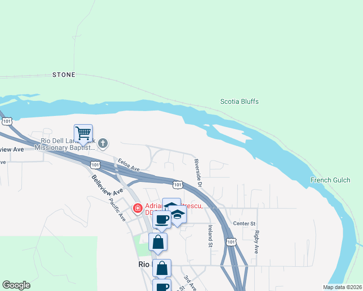 map of restaurants, bars, coffee shops, grocery stores, and more near 1091 Riverside Drive in Rio Dell