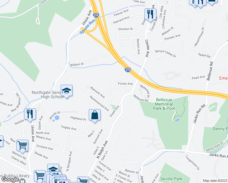 map of restaurants, bars, coffee shops, grocery stores, and more near 934 Forest Avenue in Bellevue