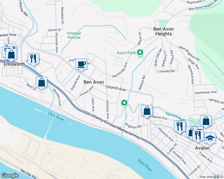 map of restaurants, bars, coffee shops, grocery stores, and more near 6931 Church Avenue in Pittsburgh