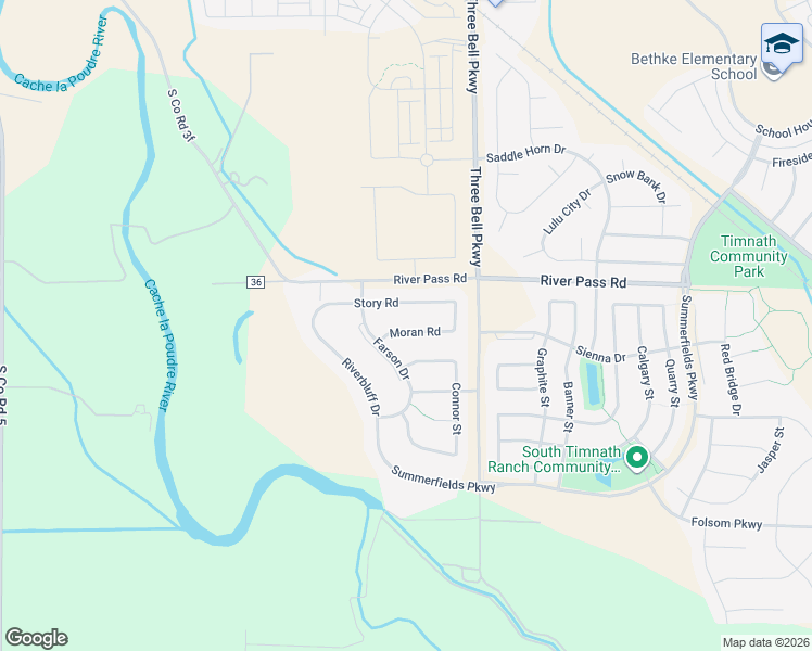 map of restaurants, bars, coffee shops, grocery stores, and more near 6070 Moran Road in Timnath