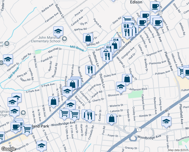 map of restaurants, bars, coffee shops, grocery stores, and more near 1576 New Jersey 27 in Edison