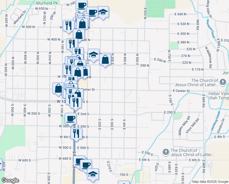 map of restaurants, bars, coffee shops, grocery stores, and more near 9 South 300 East in Heber City