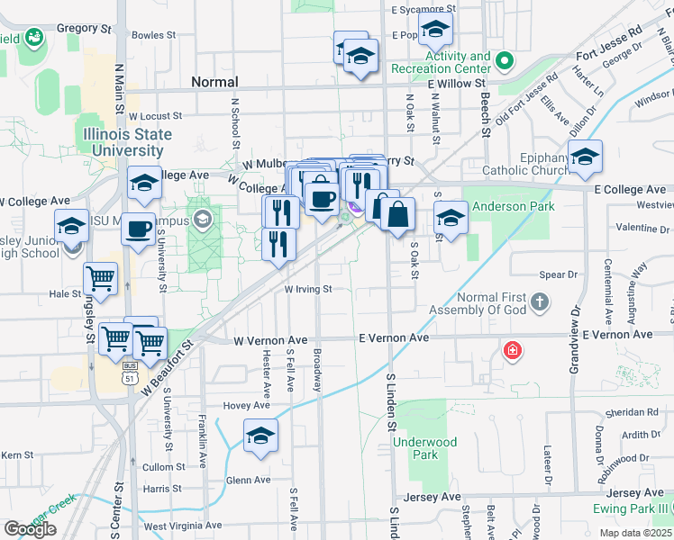 map of restaurants, bars, coffee shops, grocery stores, and more near 101 West Phoenix Avenue in Normal