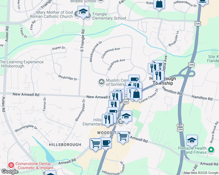 map of restaurants, bars, coffee shops, grocery stores, and more near 104 Meadowbrook Drive in Somerset County