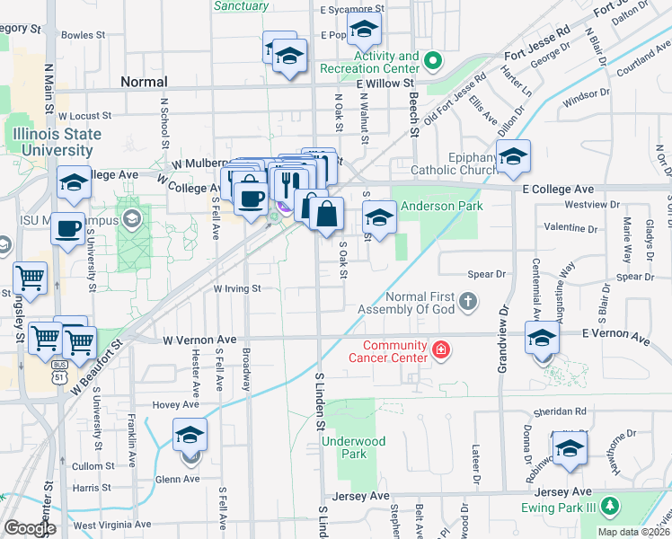 map of restaurants, bars, coffee shops, grocery stores, and more near 207 East Phoenix Avenue in Normal
