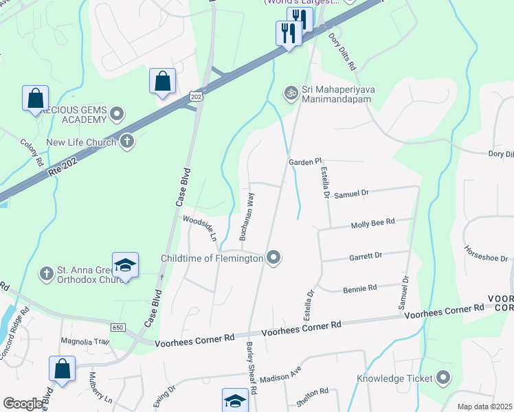 map of restaurants, bars, coffee shops, grocery stores, and more near 12 Buchanan Way in Flemington