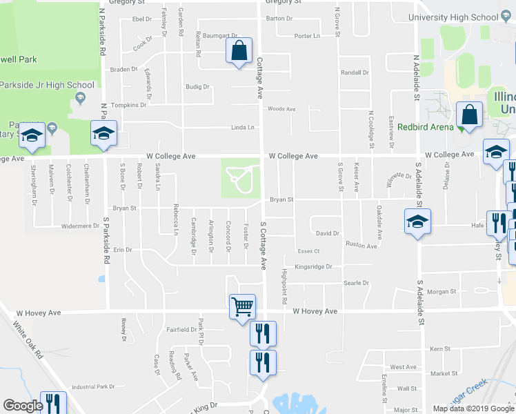 map of restaurants, bars, coffee shops, grocery stores, and more near 201 South Cottage Avenue in Normal