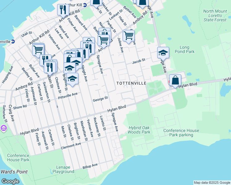 map of restaurants, bars, coffee shops, grocery stores, and more near 65 Adlers Lane in Staten Island