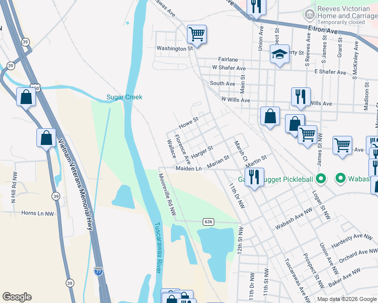 map of restaurants, bars, coffee shops, grocery stores, and more near 614 Florence Ave in Dover