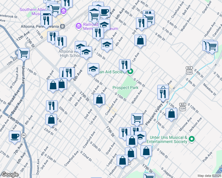 map of restaurants, bars, coffee shops, grocery stores, and more near 102-08 15th St in Altoona