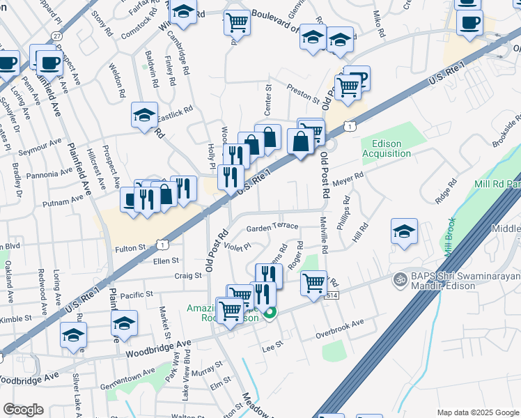map of restaurants, bars, coffee shops, grocery stores, and more near 212 Old Post Road in Edison