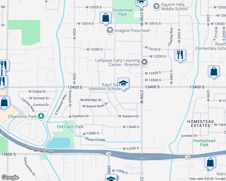 map of restaurants, bars, coffee shops, grocery stores, and more near 13421 South Warner Way in Riverton