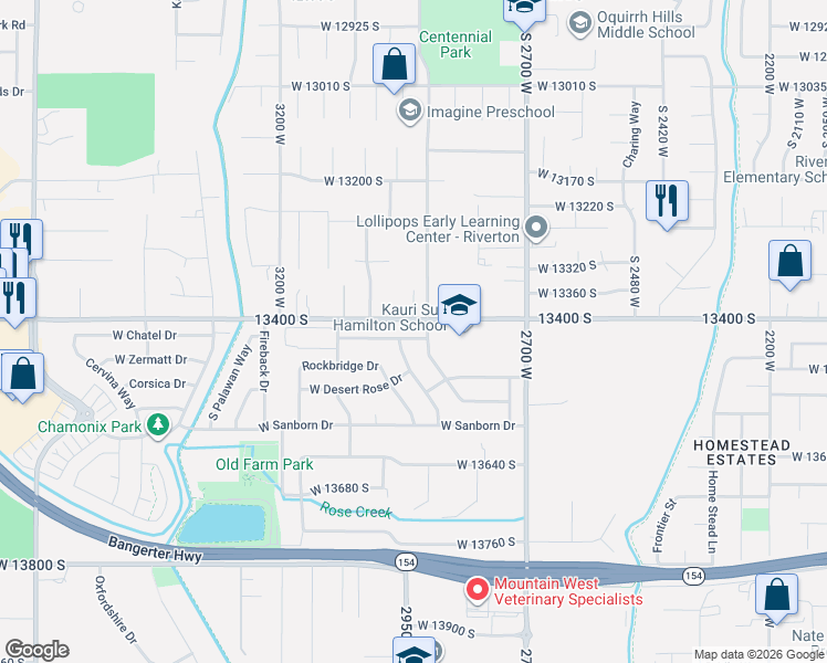 map of restaurants, bars, coffee shops, grocery stores, and more near 13421 South Warner Way in Riverton
