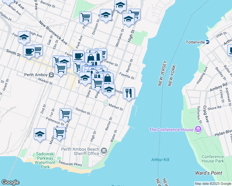 map of restaurants, bars, coffee shops, grocery stores, and more near in Perth Amboy
