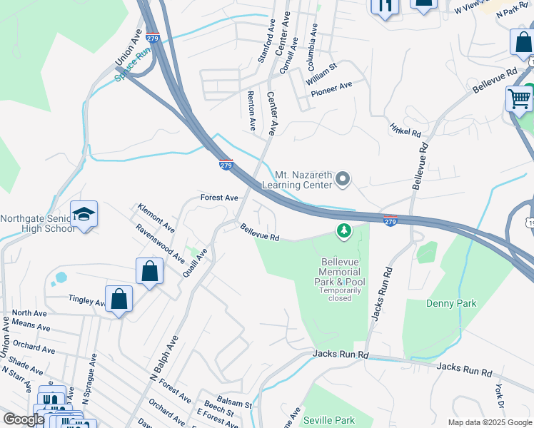 map of restaurants, bars, coffee shops, grocery stores, and more near 701 Bellwood Drive in Pittsburgh