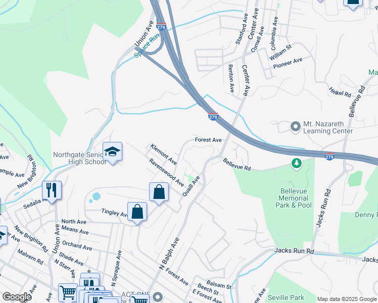 map of restaurants, bars, coffee shops, grocery stores, and more near 934 Forest Avenue in Bellevue