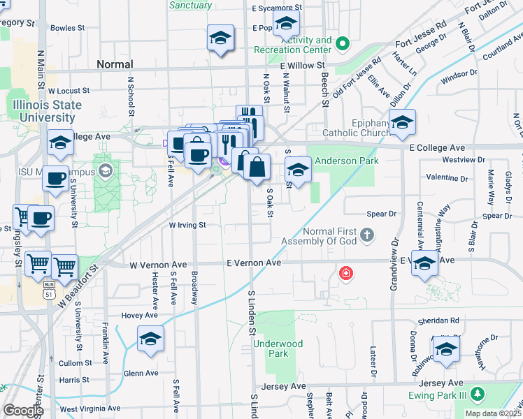 map of restaurants, bars, coffee shops, grocery stores, and more near 207 East Phoenix Avenue in Normal