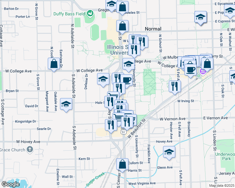 map of restaurants, bars, coffee shops, grocery stores, and more near 311 South Main Street in Normal