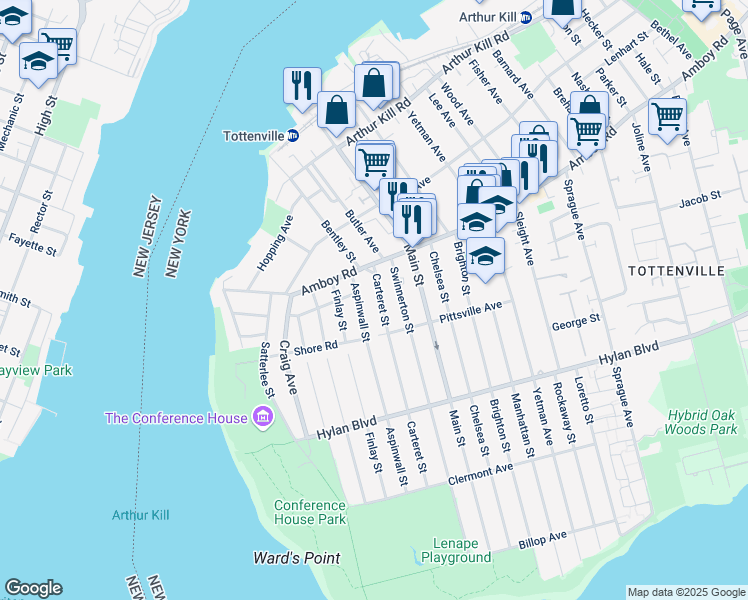 map of restaurants, bars, coffee shops, grocery stores, and more near 26 Carteret Street in Staten Island