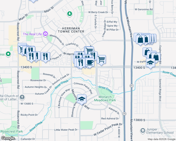 map of restaurants, bars, coffee shops, grocery stores, and more near 5083 13400 South in Herriman