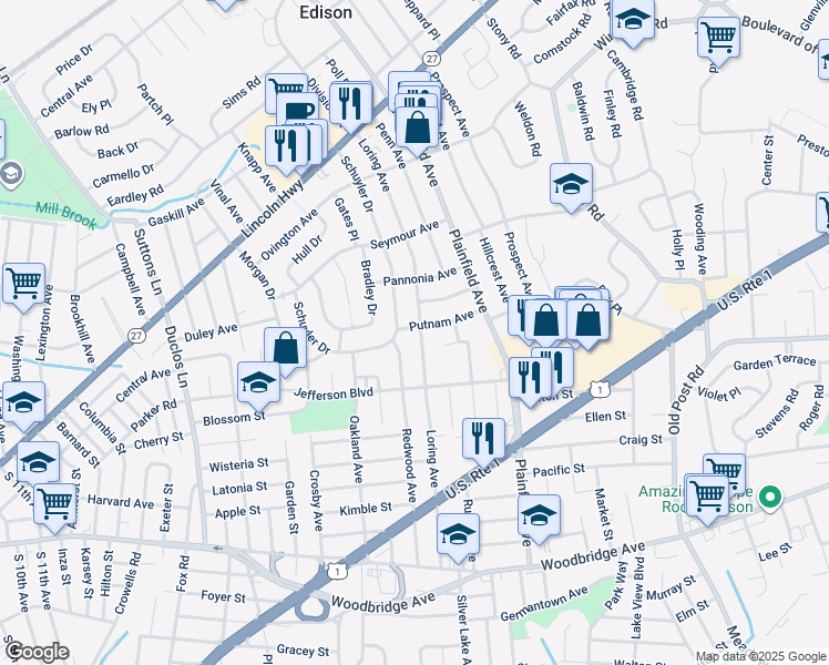 map of restaurants, bars, coffee shops, grocery stores, and more near 4 Putnam Avenue in Edison