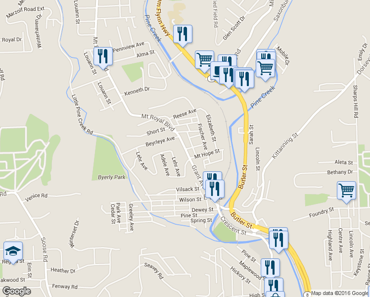 map of restaurants, bars, coffee shops, grocery stores, and more near 127 Grant Avenue in Pittsburgh