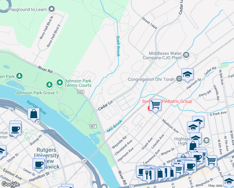 map of restaurants, bars, coffee shops, grocery stores, and more near 27 Forest Glen Drive in Highland Park