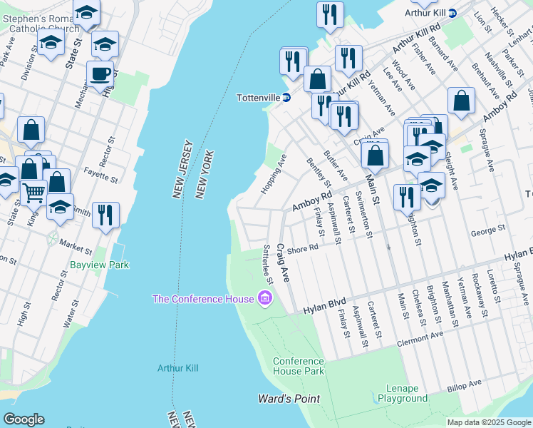 map of restaurants, bars, coffee shops, grocery stores, and more near 7744 Amboy Road in Staten Island