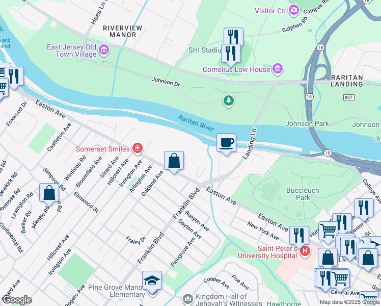 map of restaurants, bars, coffee shops, grocery stores, and more near 575 Easton Avenue in Franklin Township