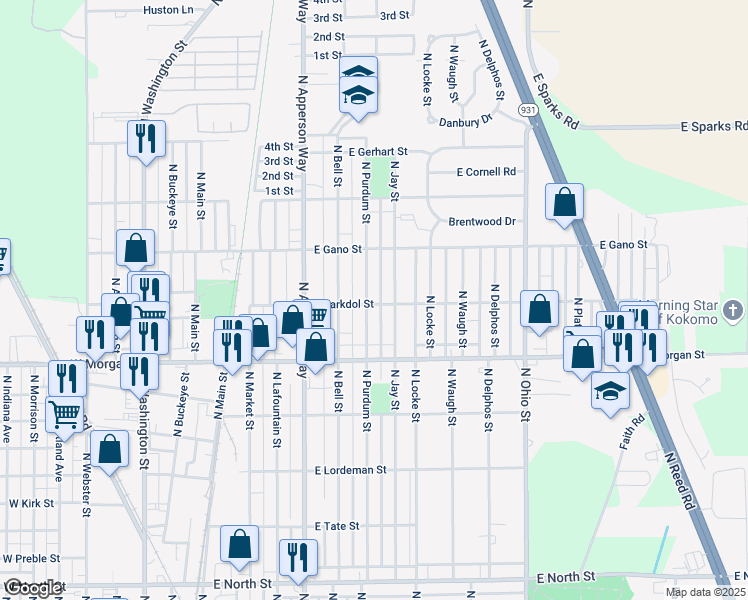 map of restaurants, bars, coffee shops, grocery stores, and more near 2200 North Purdum Street in Kokomo