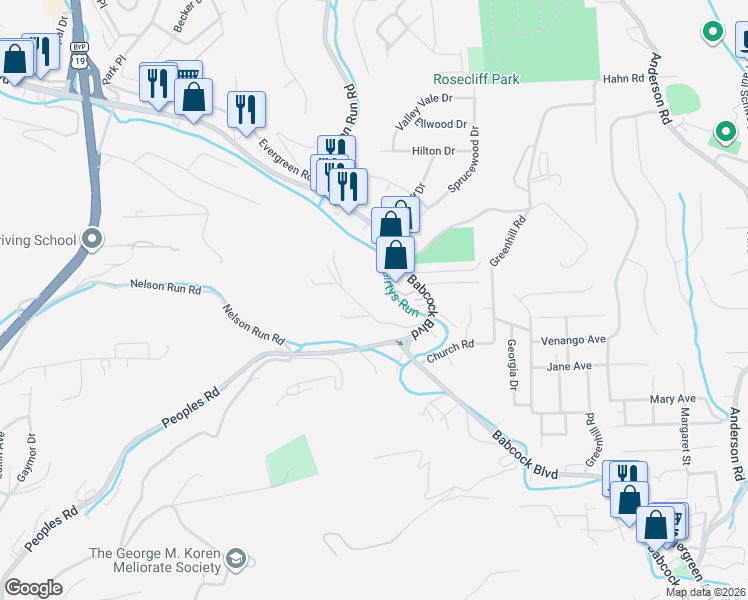 map of restaurants, bars, coffee shops, grocery stores, and more near 110 Rock Ridge Road in Pittsburgh