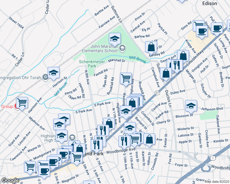 map of restaurants, bars, coffee shops, grocery stores, and more near 41 Leslie Street in Edison