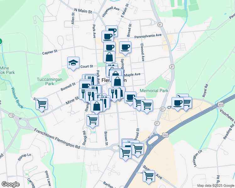 map of restaurants, bars, coffee shops, grocery stores, and more near 148 Main Street in Flemington