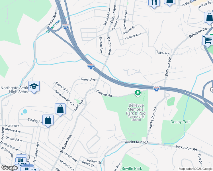 map of restaurants, bars, coffee shops, grocery stores, and more near 701 Bellwood Drive in Pittsburgh