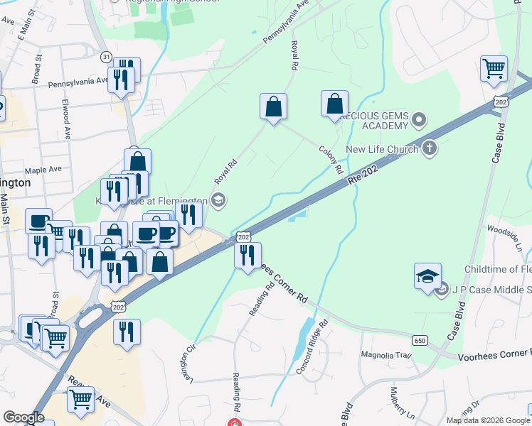 map of restaurants, bars, coffee shops, grocery stores, and more near 403 U.S. 202 in Flemington