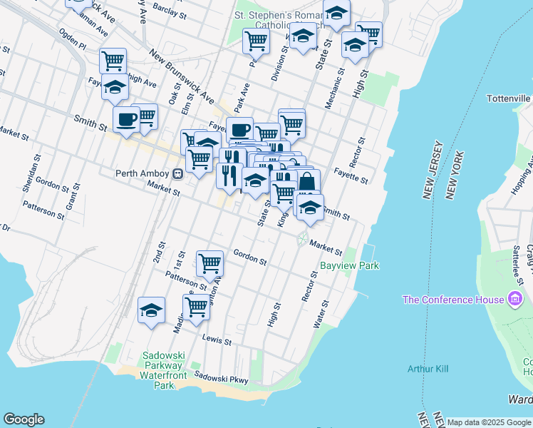 map of restaurants, bars, coffee shops, grocery stores, and more near 262 State Street in Perth Amboy