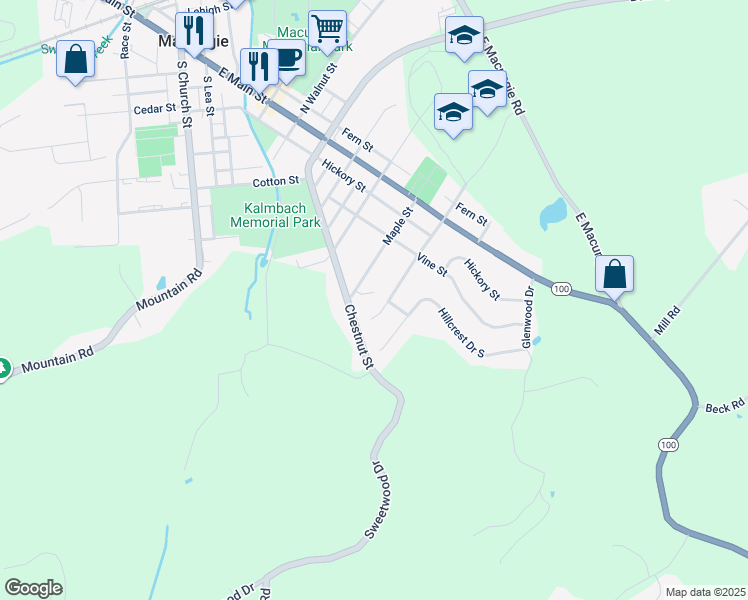 map of restaurants, bars, coffee shops, grocery stores, and more near 115 Maple Street in Macungie