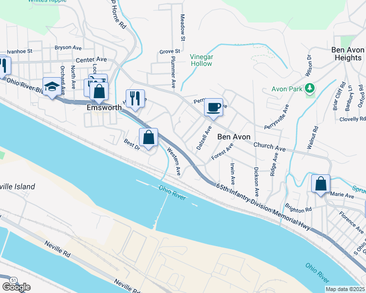 map of restaurants, bars, coffee shops, grocery stores, and more near 7315 Brighton Road in Pittsburgh