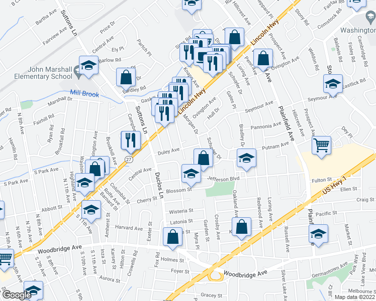map of restaurants, bars, coffee shops, grocery stores, and more near 60 Duley Avenue in Edison